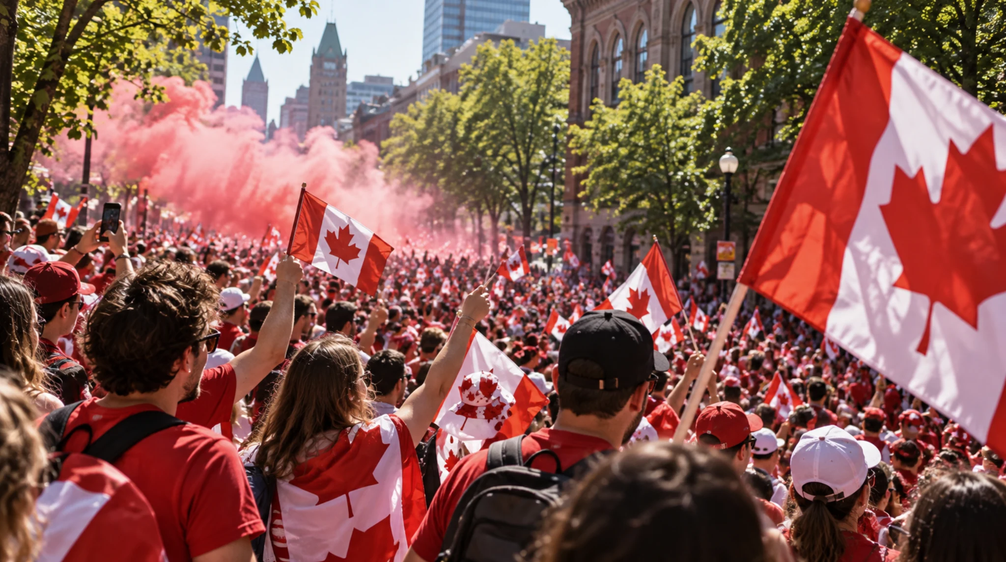 Illustrative crowd scene with Canadian flags and coloured smoke