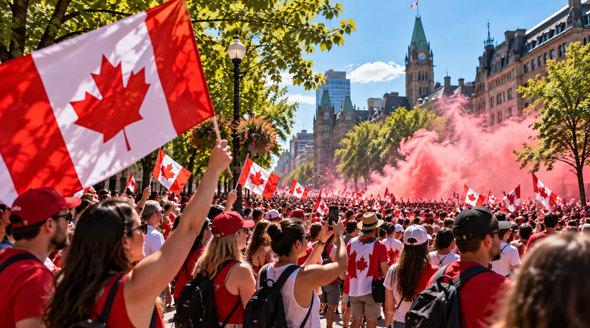Illustrative crowd scene with Canadian flags and coloured smoke